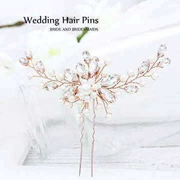 Unicra Bride Wedding Crystal Hair Pins Pearl Bridal Hair Pieces Rose Gold Wedding Flower Hair Accessories for Women and Girls Pack of 1 (A Rose Gold)