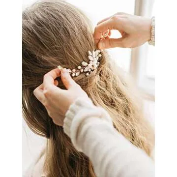 Unicra Bride Wedding Crystal Hair Pins Pearl Bridal Hair Pieces Rose Gold Wedding Flower Hair Accessories for Women and Girls Pack of 1 (A Rose Gold)