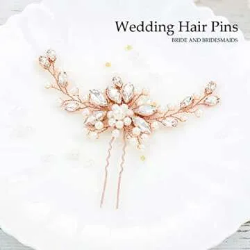 Unicra Bride Wedding Crystal Hair Pins Pearl Bridal Hair Pieces Rose Gold Wedding Flower Hair Accessories for Women and Girls Pack of 1 (A Rose Gold)