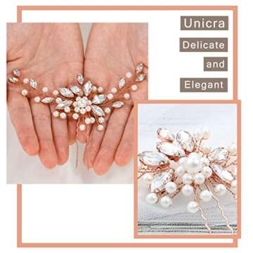 Unicra Bride Wedding Crystal Hair Pins Pearl Bridal Hair Pieces Rose Gold Wedding Flower Hair Accessories for Women and Girls Pack of 1 (A Rose Gold)