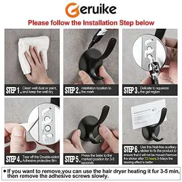 GERUIKE Adhesive Towel Hooks 2 Pack,Matte Black 304 Stainless Steel Hand Towel Hooks for Bathroom Kitchen Wall Mounted Adhesive Coat Robe Clothes Door Hook