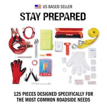 Always Prepared Premium Roadside Emergency Kit for Car - Car Safety Kit, Tools, First Aid, Visibility Gear & More - Perfect Roadside Assistance Kit Gift for New Drivers (125 pc)