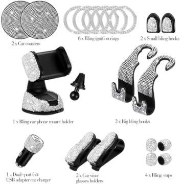 Tallew 20 Pcs Bling Car Accessories for Women, Rhinestone Car Accessories Set, Phone Holder Mount, D...