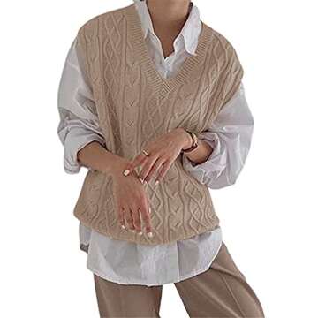Women's V Neck Sweater Vest Oversized Sleeveless Loose Knit Tops Cable Sleeveless Sweater Khaki
