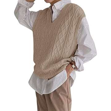 Women's V Neck Sweater Vest Oversized Sleeveless Loose Knit Tops Cable Sleeveless Sweater Khaki