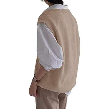 Women's V Neck Sweater Vest Oversized Sleeveless Loose Knit Tops Cable Sleeveless Sweater Khaki