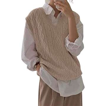 Women's V Neck Sweater Vest Oversized Sleeveless Loose Knit Tops Cable Sleeveless Sweater Khaki