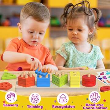 pigipigi Montessori Toys for Toddlers- Wooden Sorting Stacking Blocks for 1 2 3 4 Years Old Baby Boys Girls Learning Shape Color Preschool Educational Activity Game Christmas Birthday Easter Gift