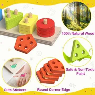pigipigi Montessori Toys for Toddlers- Wooden Sorting Stacking Blocks for 1 2 3 4 Years Old Baby Boys Girls Learning Shape Color Preschool Educational Activity Game Christmas Birthday Easter Gift
