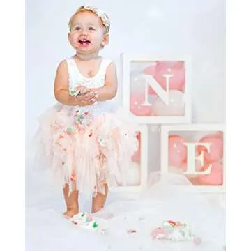 First Birthday Balloon 'ONE' Boxes for Baby Girl WITH 24 Balloons - Baby 1st Birthday Girl Decoration Clear Cube Blocks 'ONE' Letters as Cake Smash Photoshoot Props First Birthday Decorations Backdrop