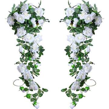 Yebazy 2pcs White Artificial Rose Vine Silk Flower Garland for Wedding Arch Garden Wall Decor Hanging Baskets(16Ft)