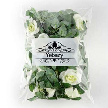 Yebazy 2pcs White Artificial Rose Vine Silk Flower Garland for Wedding Arch Garden Wall Decor Hanging Baskets(16Ft)
