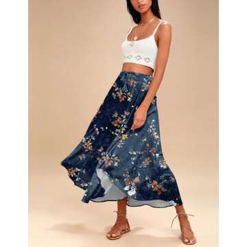 Zeagoo Womens Flowy Pleated Skirts A Line Elastic High Waisted Midi Skirt Boho Casual Long Skirts Br...