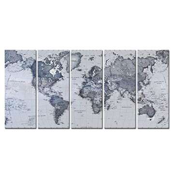 iKNOW FOTO 5-Piece Vintage World Map Canvas Prints - Push Pin Map Wall Art Decor - Trace Travel Mark...