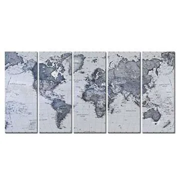 iKNOW FOTO 5-Piece Vintage World Map Canvas Prints - Push Pin Map Wall Art Decor - Trace Travel Mark...