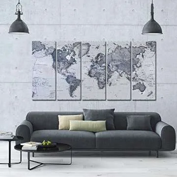 iKNOW FOTO 5-Piece Vintage World Map Canvas Prints - Push Pin Map Wall Art Decor - Trace Travel Marks - 16x40in