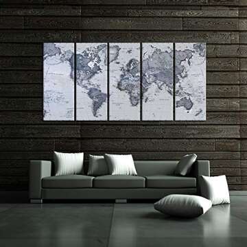 iKNOW FOTO 5-Piece Vintage World Map Canvas Prints - Push Pin Map Wall Art Decor - Trace Travel Marks - 16x40in