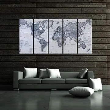 iKNOW FOTO 5-Piece Vintage World Map Canvas Prints - Push Pin Map Wall Art Decor - Trace Travel Marks - 16x40in
