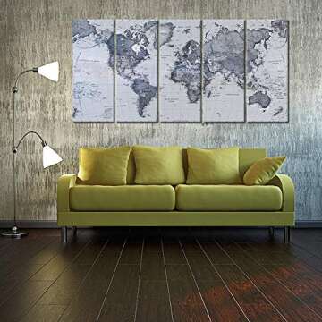 iKNOW FOTO 5-Piece Vintage World Map Canvas Prints - Push Pin Map Wall Art Decor - Trace Travel Marks - 16x40in