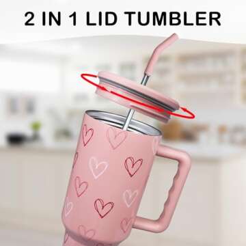 Valentine's Day Tumbler, Valentine’s Day Gifts for Women 40 oz Valentines Heart Tumbler Cup Holder Friendly Insulated Travel Mug Stainless Steel Water Bottle