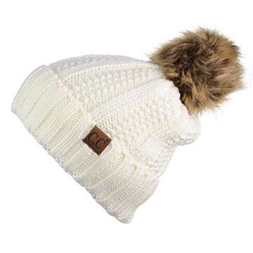 C.C Thick Cable Knit Faux Fuzzy Fur Pom Fleece Lined Skull Cap Cuff Beanie, Ivory