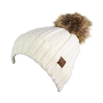 C.C Thick Cable Knit Faux Fuzzy Fur Pom Fleece Lined Skull Cap Cuff Beanie, Ivory