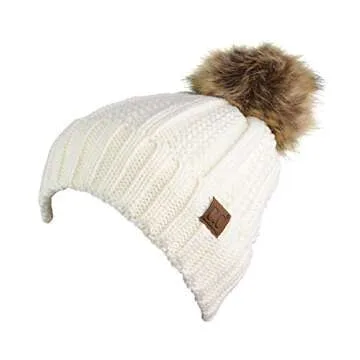 C.C Thick Cable Knit Faux Fuzzy Fur Pom Fleece Lined Skull Cap Cuff Beanie, Ivory