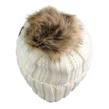 C.C Thick Cable Knit Faux Fuzzy Fur Pom Fleece Lined Skull Cap Cuff Beanie, Ivory