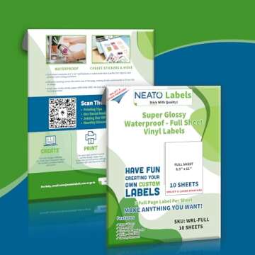 Printable Vinyl Sticker Paper (8.5" x 11") - 10 Super Glossy Waterproof Labels for Inkjet and Laser Printers - Premium White Full Sheets - Strong Adhesive - Tear Resistant