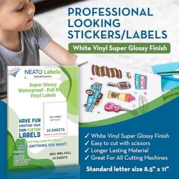 Printable Vinyl Sticker Paper (8.5" x 11") - 10 Super Glossy Waterproof Labels for Inkjet and Laser Printers - Premium White Full Sheets - Strong Adhesive - Tear Resistant