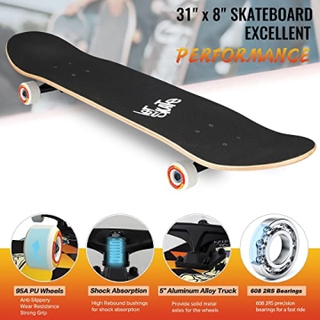 Complete 31"x8" Skateboard for All Ages and Skills