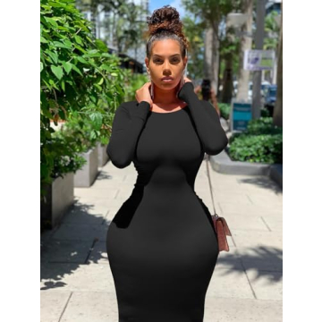 XXTAXN Women's Long Sleeve Bodycon Midi Dress