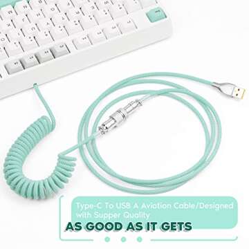 EPOMAKER Macaron 1.8m Coiled Type-C to USB A TPU Mechanical Keyboard Cable with Detachable Aviator Connector for Gaming Keyboard/Tablet/Smart Phone (Mint Green)