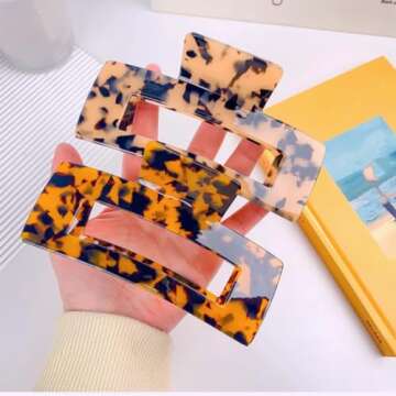 Large Hair Claw Clips Big Cutout Tortoise Shell Celluloid Hair Jaw Clips 4.1inch French Design Rectangle Hair Clamp for Women Ladies