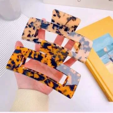 Large Hair Claw Clips Big Cutout Tortoise Shell Celluloid Hair Jaw Clips 4.1inch French Design Rectangle Hair Clamp for Women Ladies