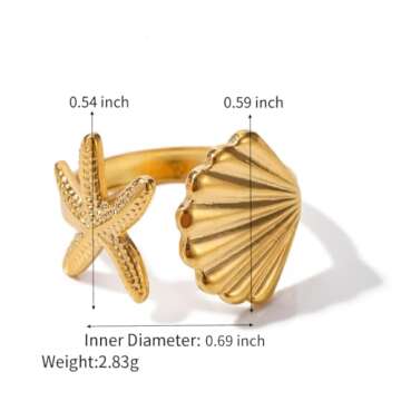 Starfish Seashell Ring,18k Gold Plated Ring Beach jewelry for Women