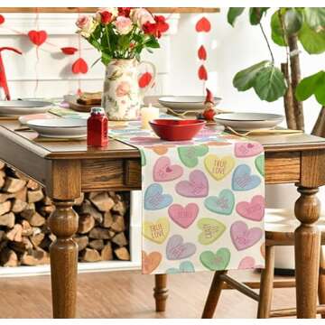 Love Heart Valentine's Day Table Runner, Seasonal Kitchen Dining Table Decoration for Home Party Decor 13x72 Inch