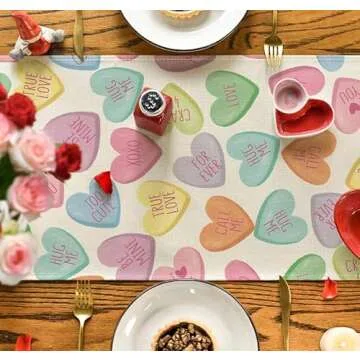 Love Heart Valentine's Day Table Runner, Seasonal Kitchen Dining Table Decoration for Home Party Decor 13x72 Inch