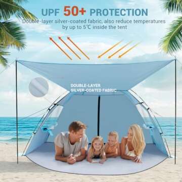 Elegear Beach Tent Sun Shelter with Canopy, 4-5 Person Pop Up Beach Tent, Easy Setup UPF 50+ UV Protection Portable Lightweight Double Silver Coating Beach Cabana Sun Shade Shelter - Sky Blue