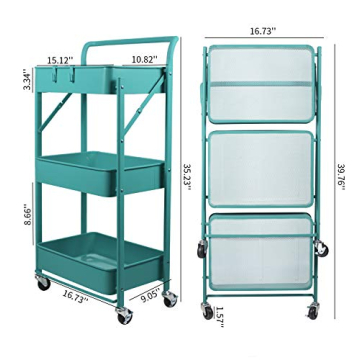 totolot 3-Tier Collapsible Rolling Utility Cart with Lockable Caster Wheels, Metal Storage Cart for Classroom, Office, Bathroom, Blue
