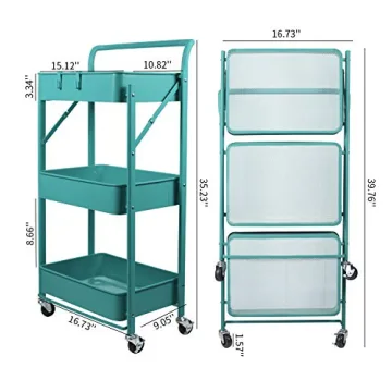 totolot 3-Tier Collapsible Rolling Utility Cart with Lockable Caster Wheels, Metal Storage Cart for Classroom, Office, Bathroom, Blue