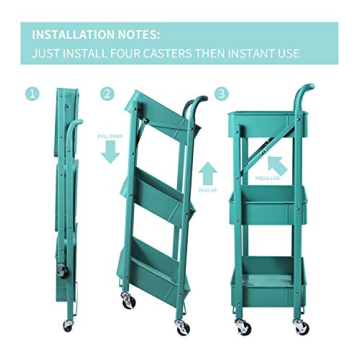 totolot 3-Tier Collapsible Rolling Utility Cart with Lockable Caster Wheels, Metal Storage Cart for Classroom, Office, Bathroom, Blue