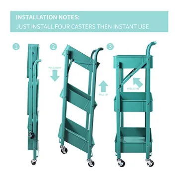 totolot 3-Tier Collapsible Rolling Utility Cart with Lockable Caster Wheels, Metal Storage Cart for Classroom, Office, Bathroom, Blue