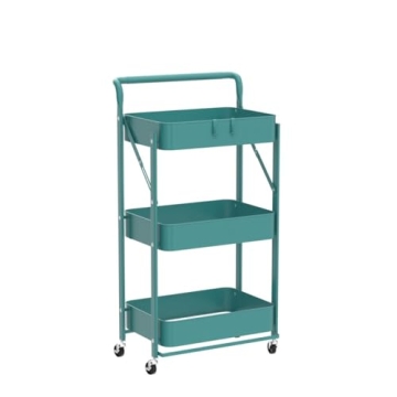 totolot 3-Tier Collapsible Rolling Utility Cart with Lockable Caster Wheels, Metal Storage Cart for Classroom, Office, Bathroom, Blue