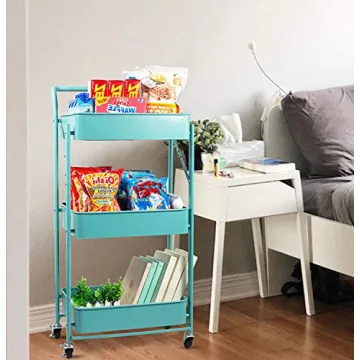 totolot 3-Tier Collapsible Rolling Utility Cart with Lockable Caster Wheels, Metal Storage Cart for Classroom, Office, Bathroom, Blue