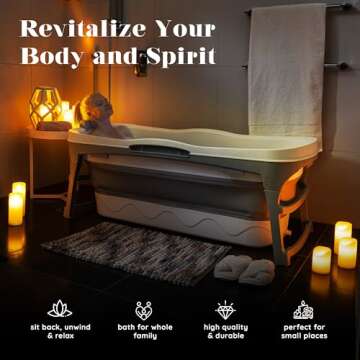 Portable Bathtub for Adult - Large 56'in Foldable Collapsible tub - Ergonomically Designed for the Ultimate Relaxing Soaking Bath. Ideal for Small Spaces - Quick, Effortless Folding Bathtub