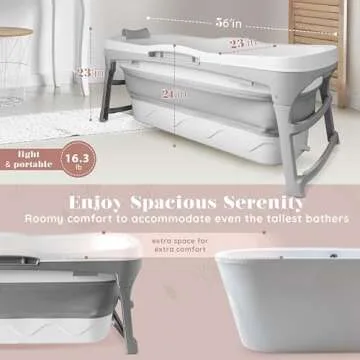 Portable Bathtub for Adult - Large 56'in Foldable Collapsible tub - Ergonomically Designed for the Ultimate Relaxing Soaking Bath. Ideal for Small Spaces - Quick, Effortless Folding Bathtub