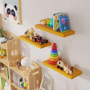 Floating Shelves for Wall, Solid Wood Wall Mounted Shelves Set of 3, Modern Yellow Floating Shelf fo...