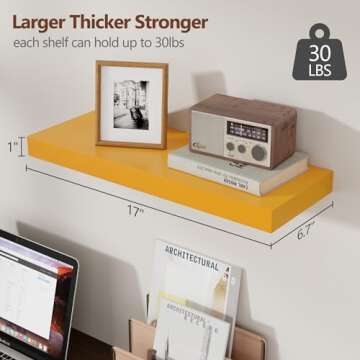 Floating Shelves for Wall, Solid Wood Wall Mounted Shelves Set of 3, Modern Yellow Floating Shelf for Kids' Room Bedroom Living Room Bathroom Kitchen, Shelves for Wall Decor Storage - Yellow