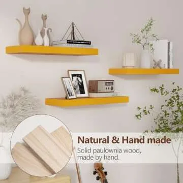 Floating Shelves for Wall, Solid Wood Wall Mounted Shelves Set of 3, Modern Yellow Floating Shelf for Kids' Room Bedroom Living Room Bathroom Kitchen, Shelves for Wall Decor Storage - Yellow